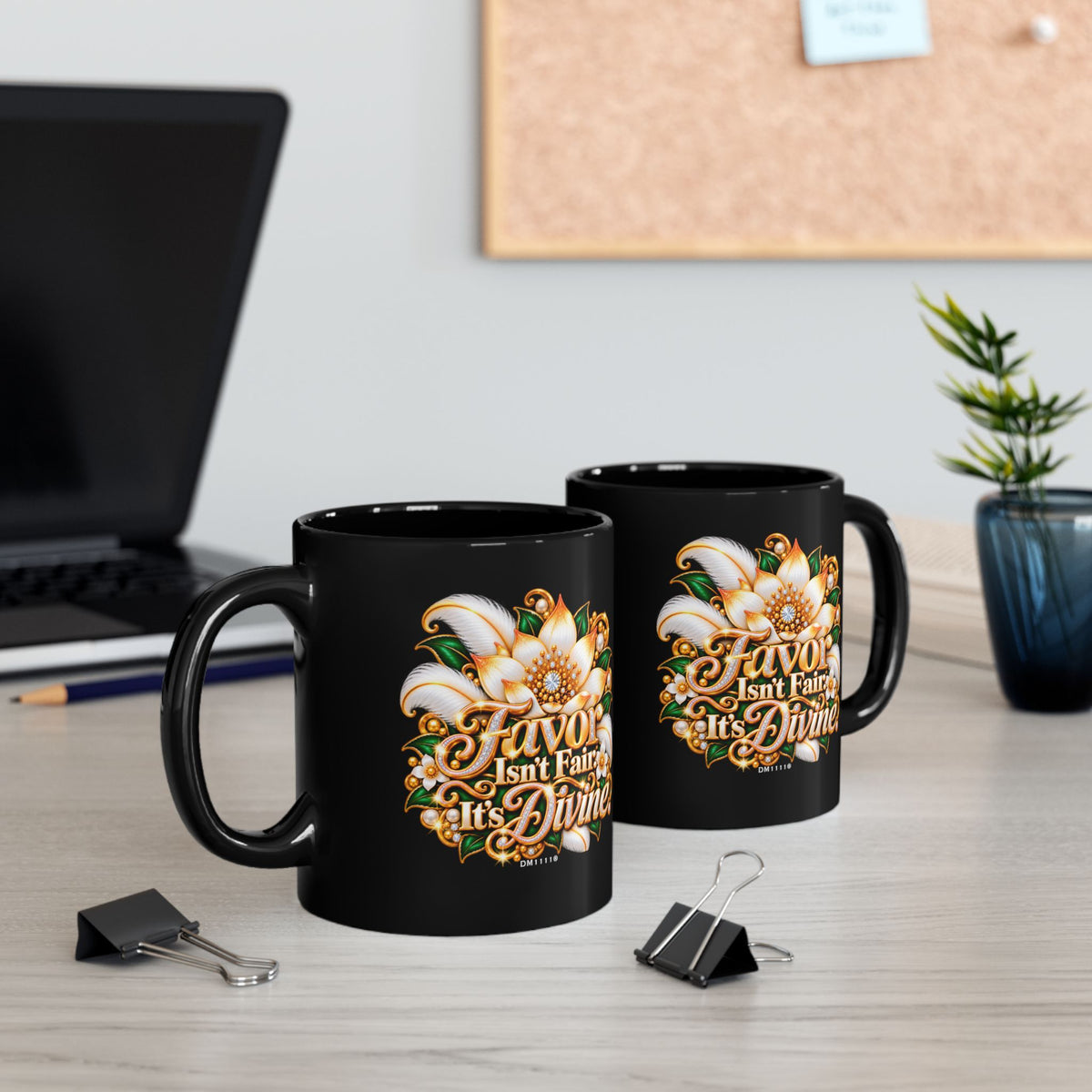 "Favor Isn’t Fair. It's Divine" Divine Faith mug (Black, 11oz/15oz)