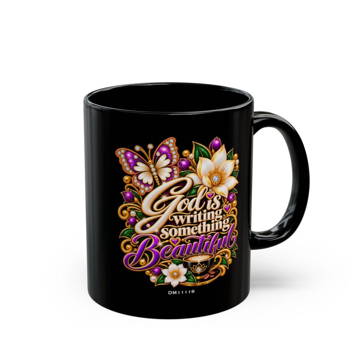 "God Is Writing Something Beautiful" Divine Faith mug (Black, 11oz/15oz)
