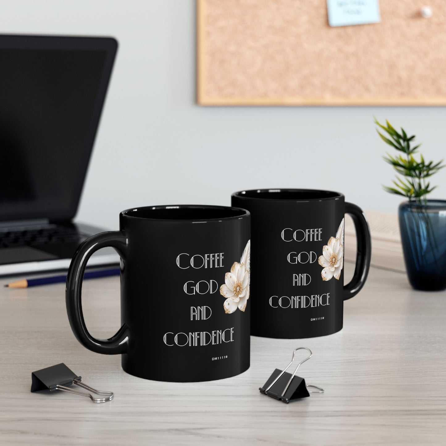 "Coffee, God, and Confidence" Divine Faith mug (Black, 11oz/15oz)