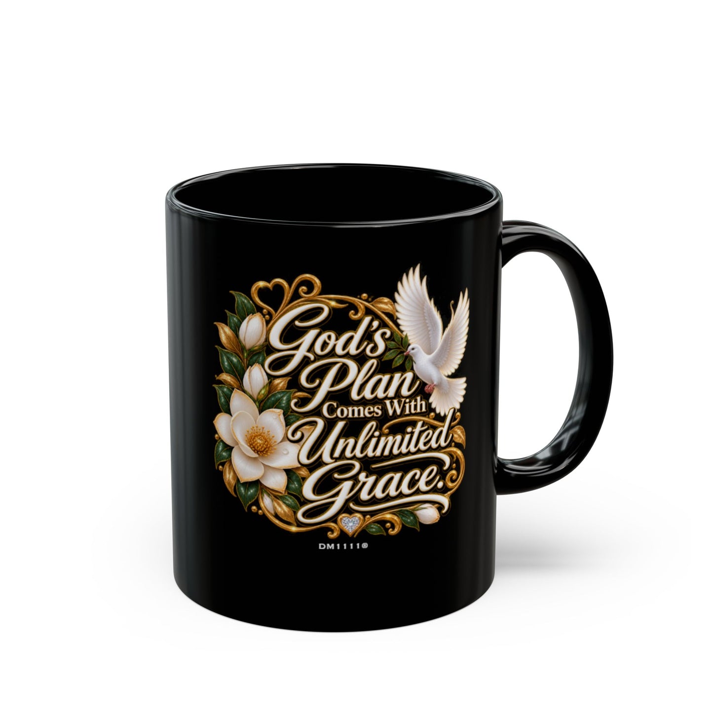 "God's Plan Comes With Unlimited Grace" Divine Faith mug (Black, 11oz/15oz)