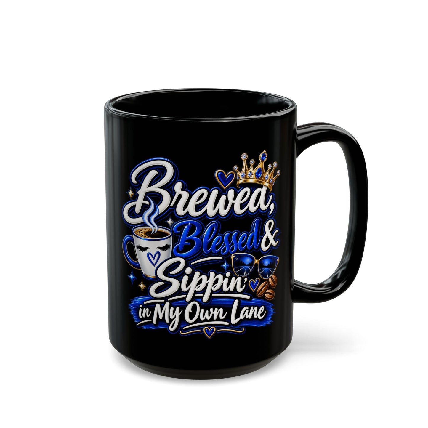 "Brewed, Blessed, and Sippin, DF" Divine Faith mug (Black, 11oz/15oz)