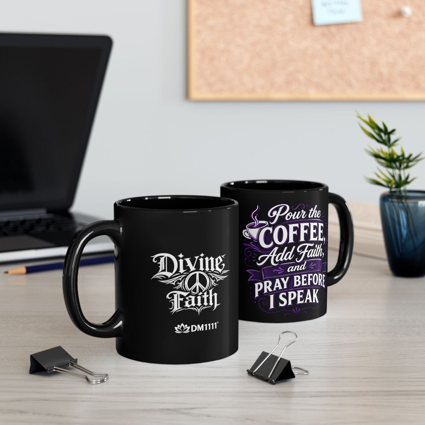 "Pour the Coffee, Add Faith, DF" Divine Faith mug (Black, 11oz/15oz)