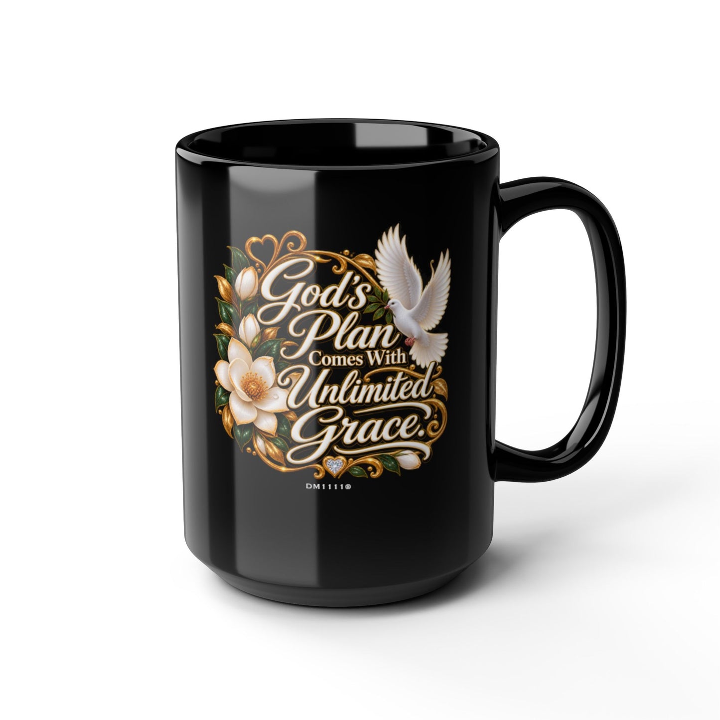 "God's Plan Comes With Unlimited Grace" Divine Faith mug (Black, 11oz/15oz)