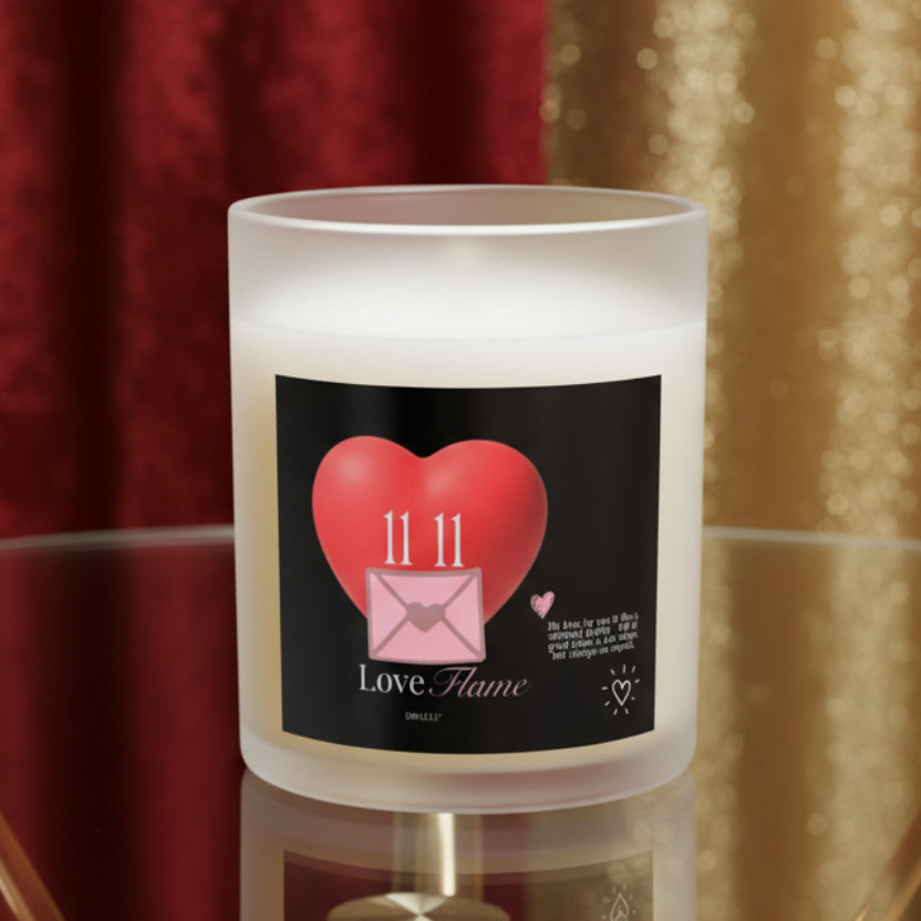 Candle with a heart and envelope design on a black label, featuring the brand 'Love Flame'.