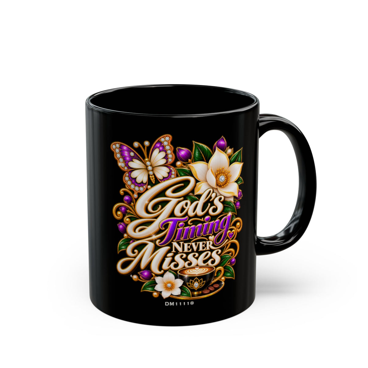 "God's Timing Never Misses" Divine Faith mug (Black, 11oz/15oz)