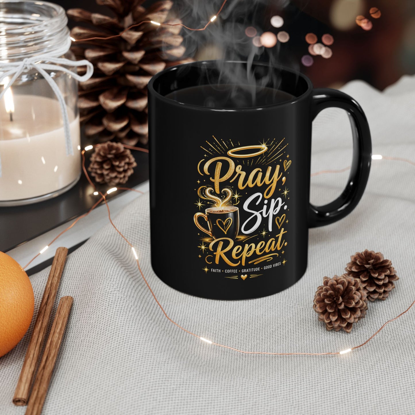 "Pray. Sip. Repeat, DF" Divine Faith mug (Black, 11oz/15oz)