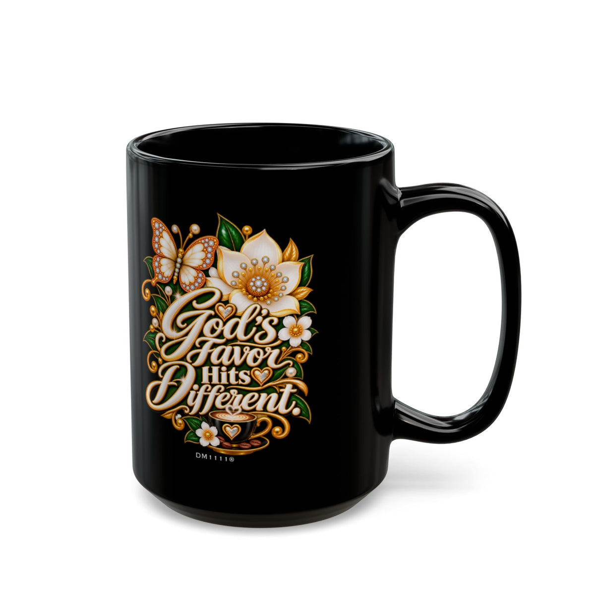 "God's Favor Hits Different." Divine Faith mug (Black, 11oz/15oz)