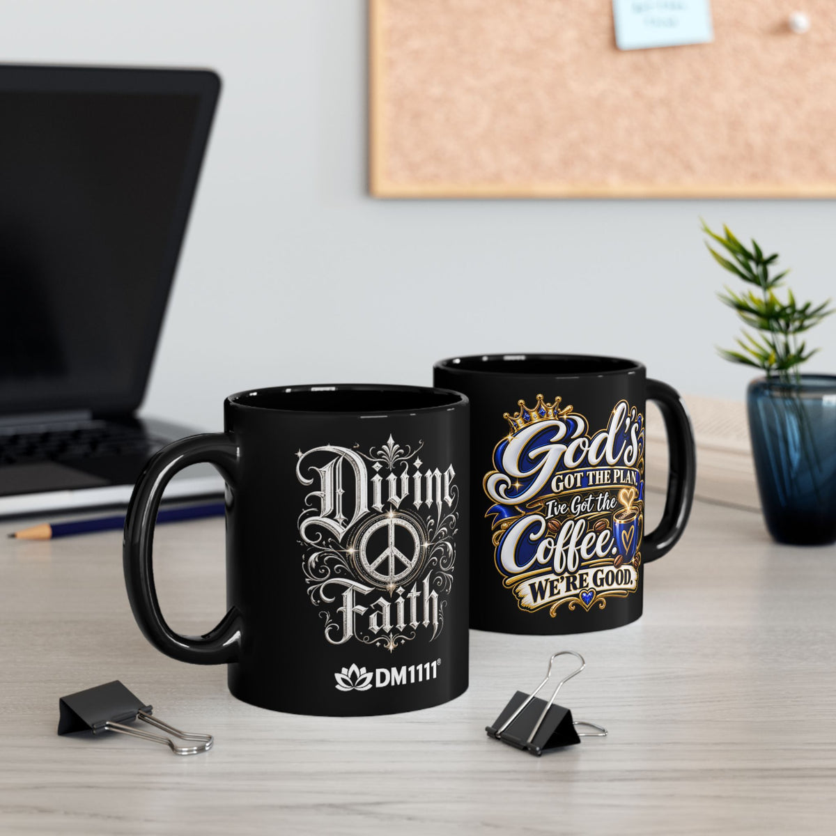 "God's Got The Plan, I've Got The Coffee, DF" Divine Faith mug (Black, 11oz/15oz)