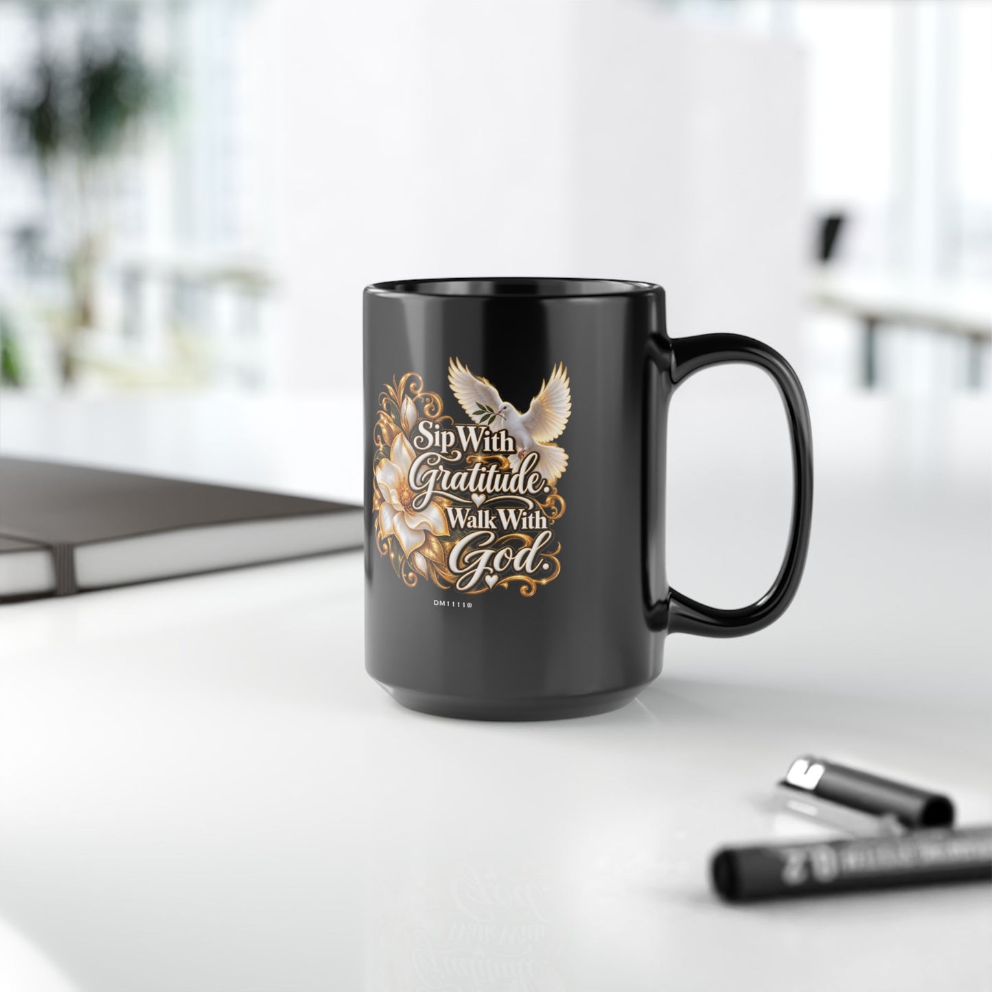 "Sip With Gratitude. Walk With God." Divine Faith mug (Black, 11oz/15oz)