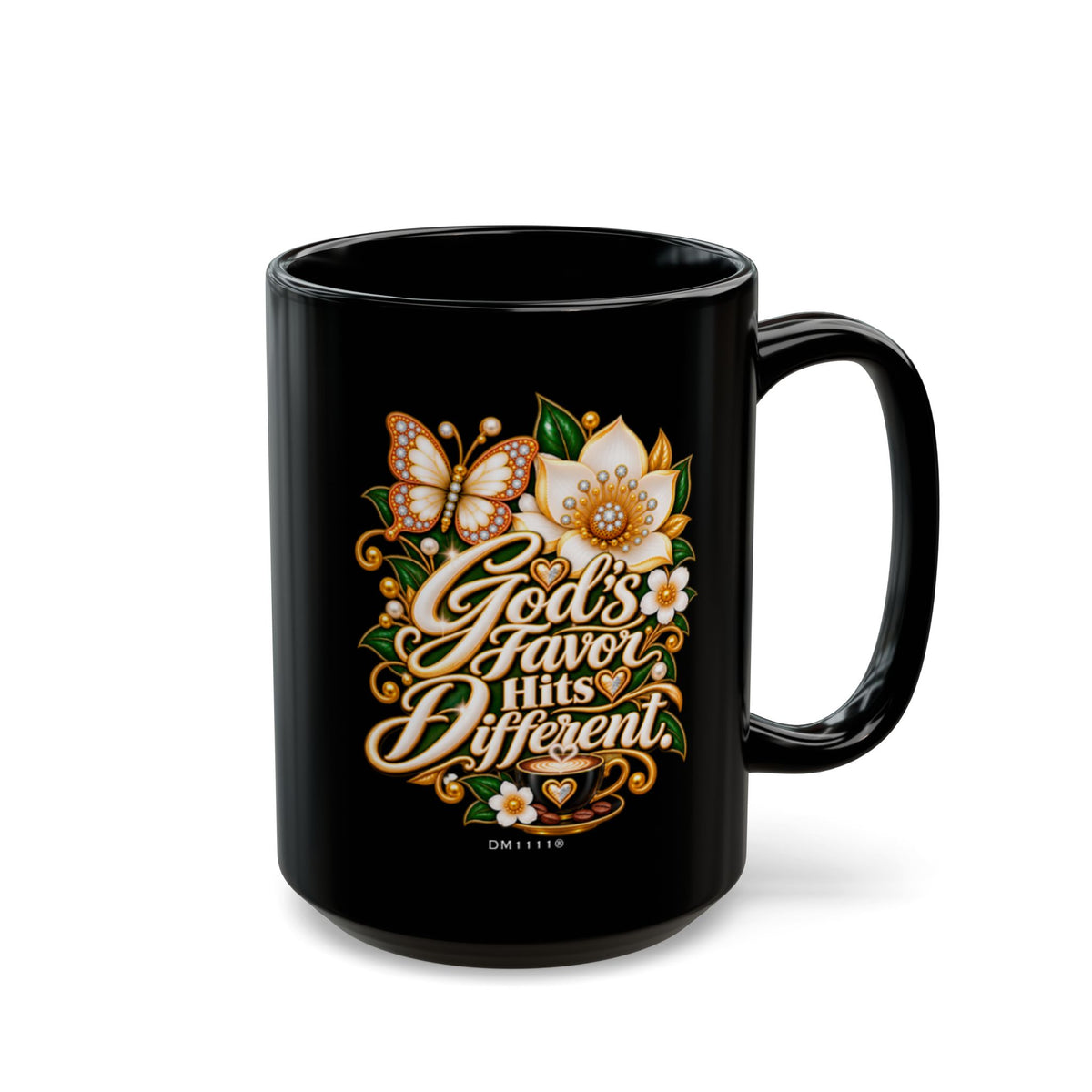 "God's Favor Hits Different." Divine Faith mug (Black, 11oz/15oz)
