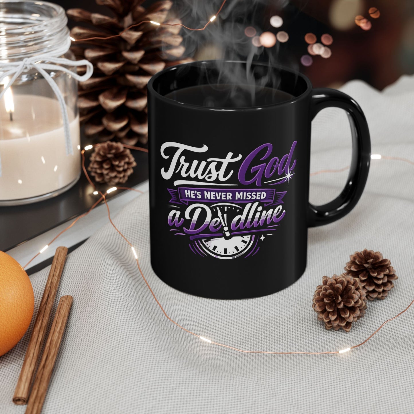 "Trust God, He's Never Missed, DF" Divine Faith mug (Black, 11oz/15oz)