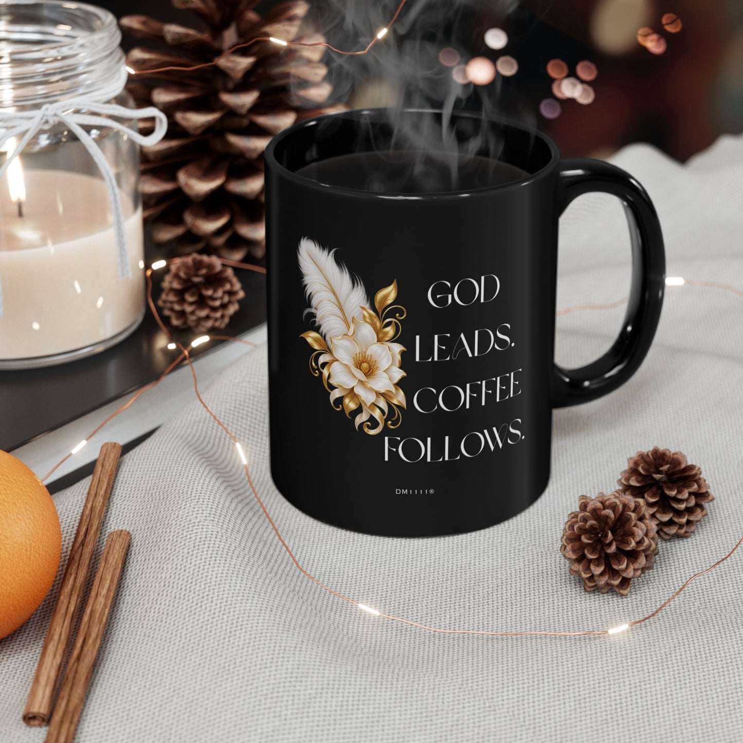 "God Leads. Coffee Follows" Divine Faith mug (Black, 11oz/15oz)