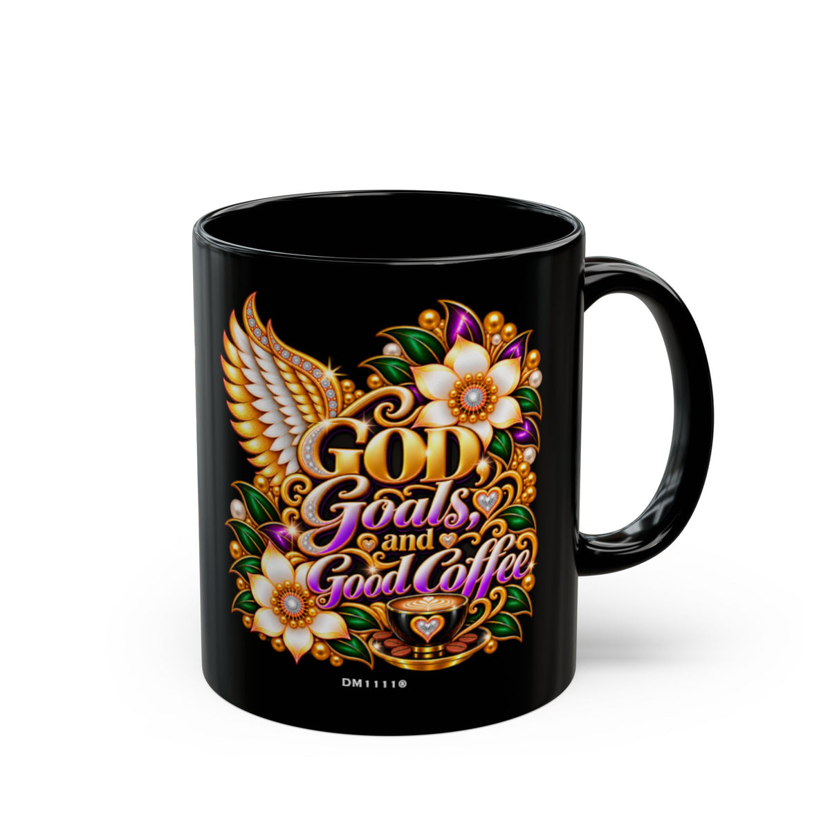 "GOD, Goals, and Good Coffee" Divine Faith mug (Black, 11oz/15oz)