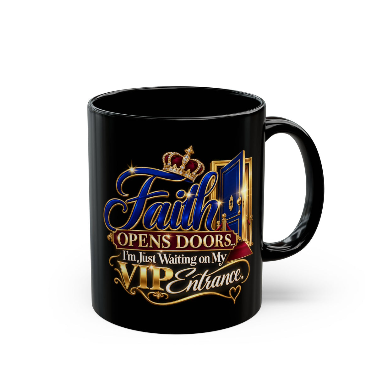 "Faith Opens Doors, DF" Divine Faith mug (Black, 11oz/15oz)
