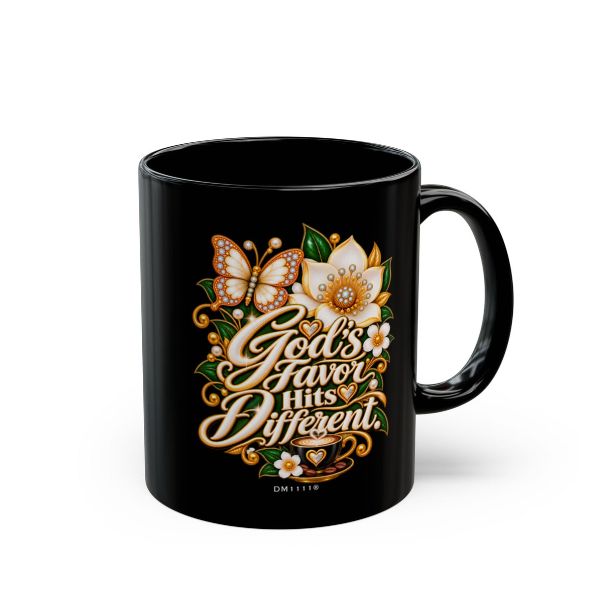"God's Favor Hits Different." Divine Faith mug (Black, 11oz/15oz)