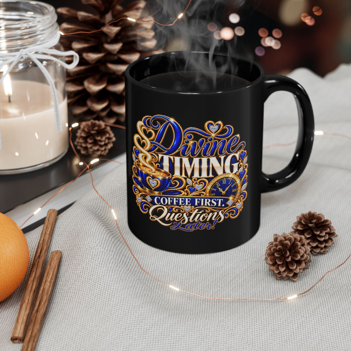 "Divine Timing, Coffee First, DF" Divine Faith mug (Black, 11oz/15oz)