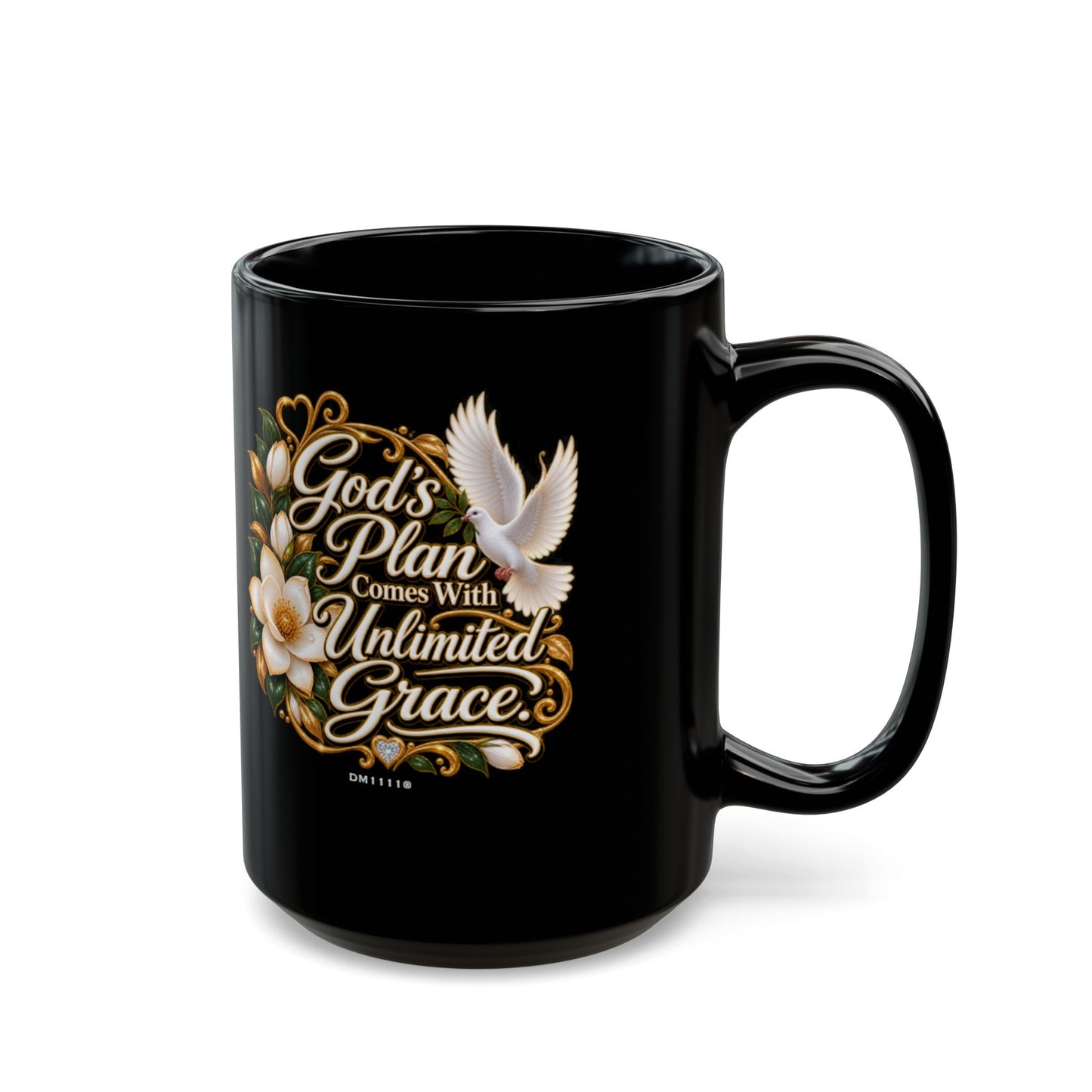 "God's Plan Comes With Unlimited Grace" Divine Faith mug (Black, 11oz/15oz)