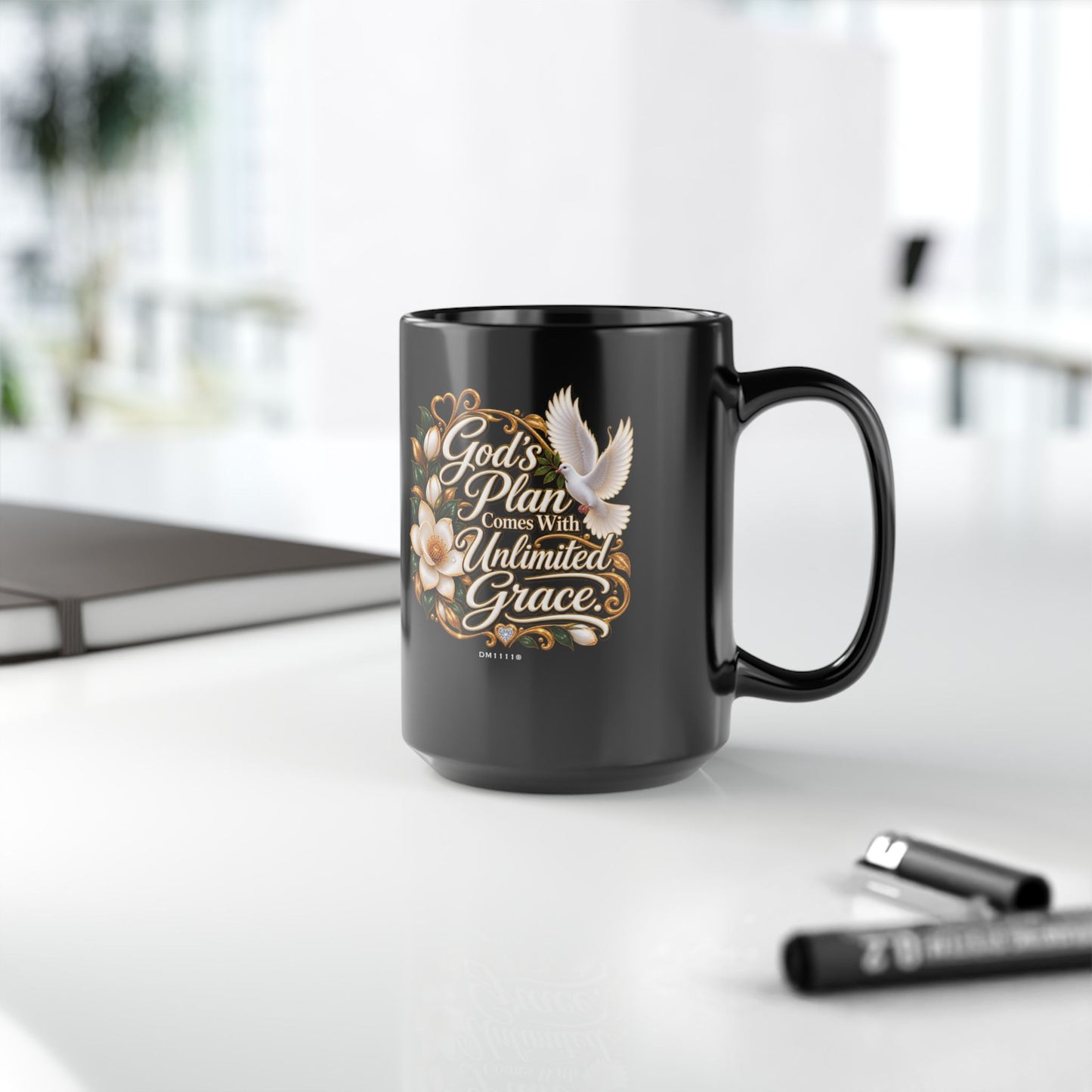 "God's Plan Comes With Unlimited Grace" Divine Faith mug (Black, 11oz/15oz)