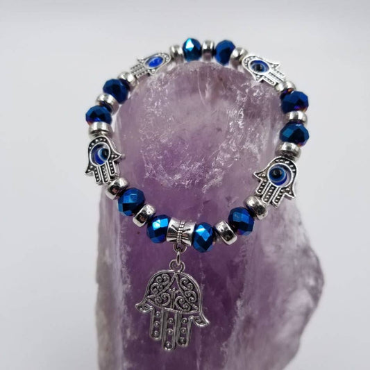 Hamsa + Evil Eye Blue Beaded Bracelet