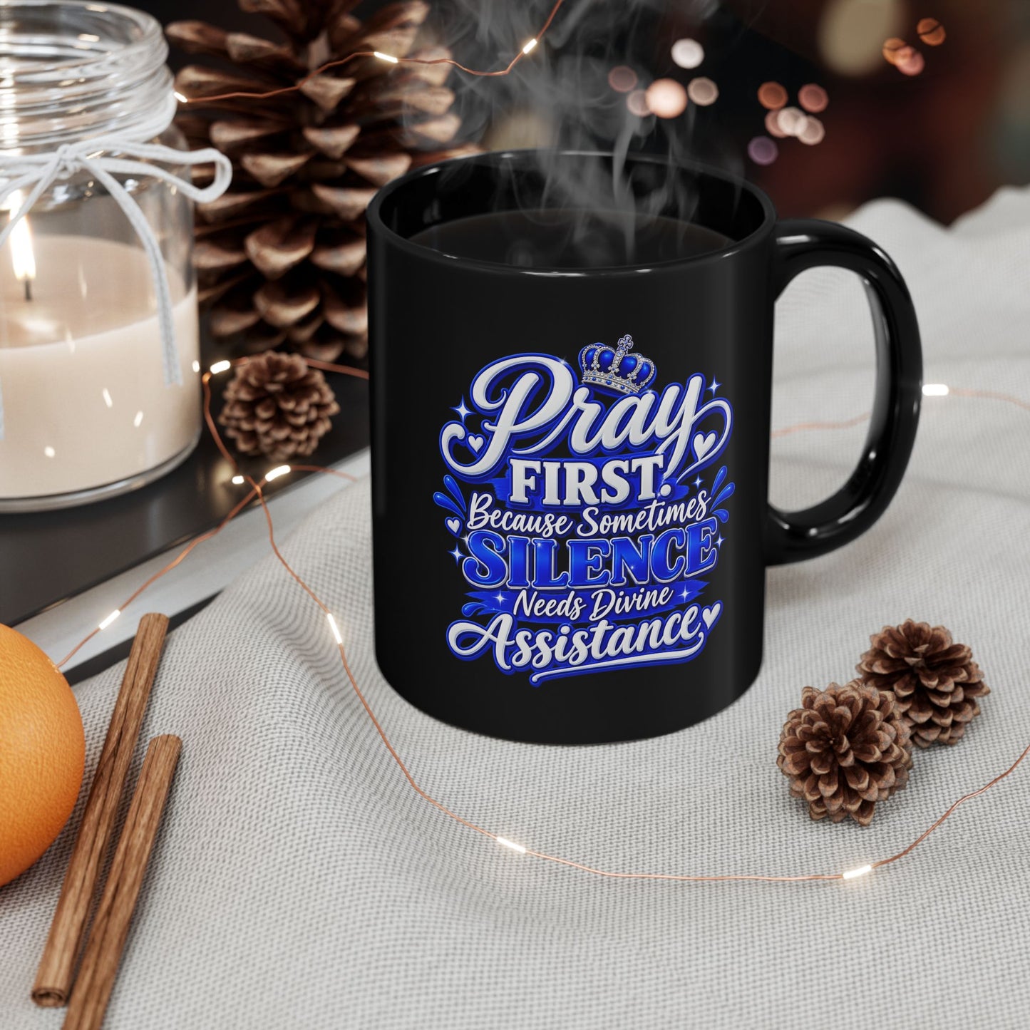 "Pray First, DF" Divine Faith mug (Black, 11oz/15oz)