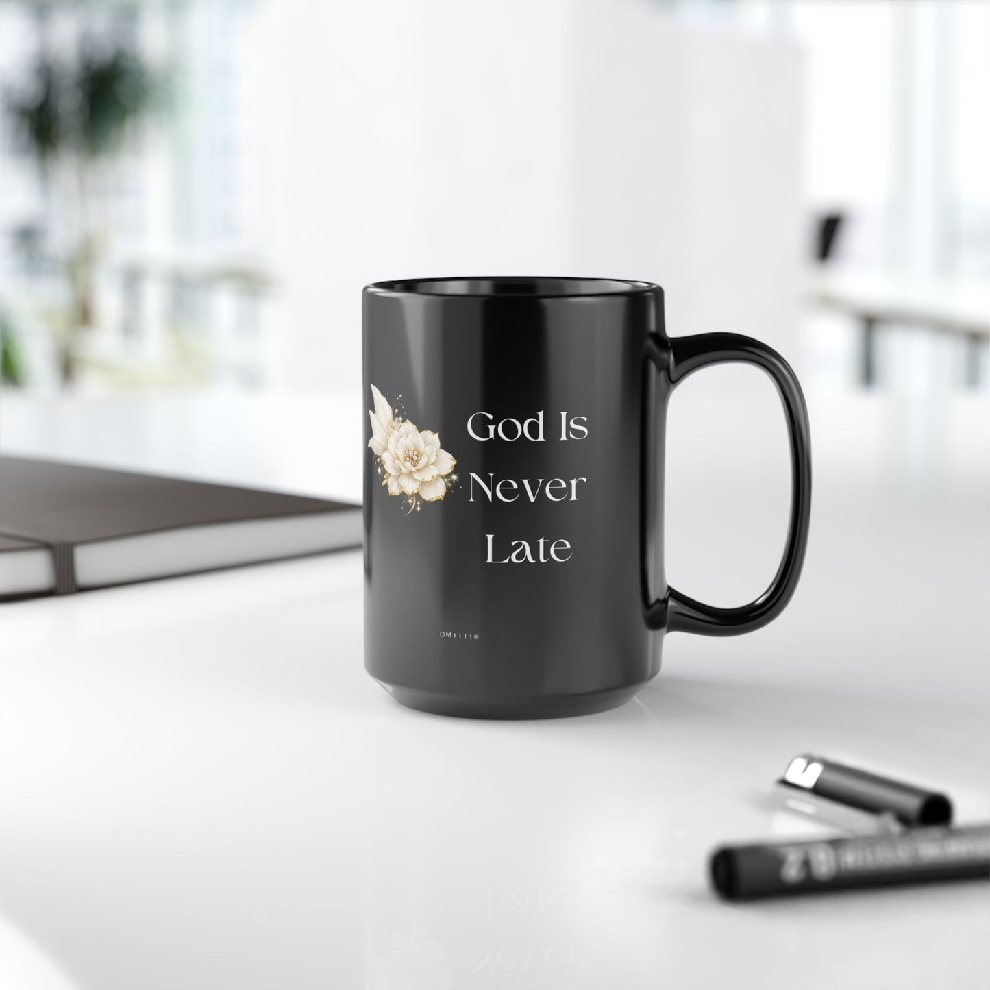 "God Is Never Late" Divine Faith mug (Black, 11oz/15oz)