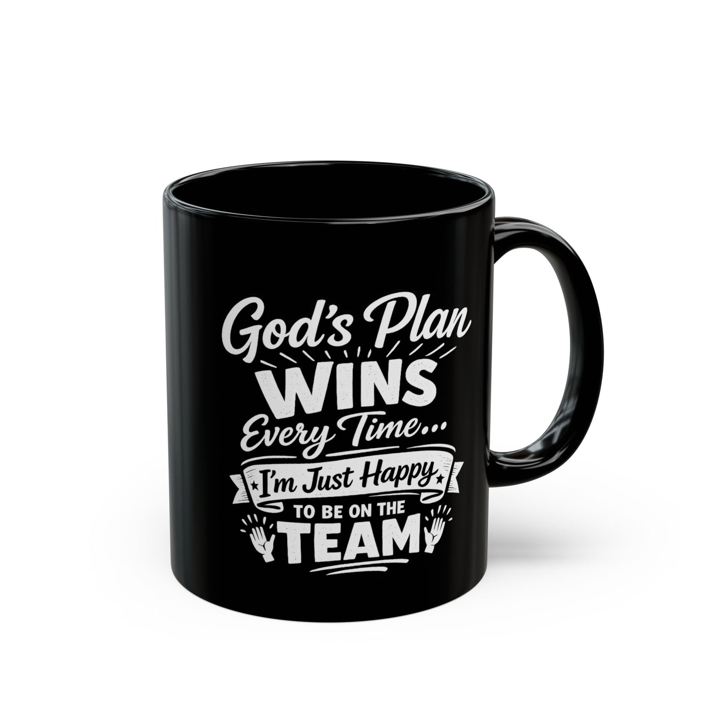 "God’s Plan Wins, DF" Divine Faith mug (Black, 11oz/15oz)