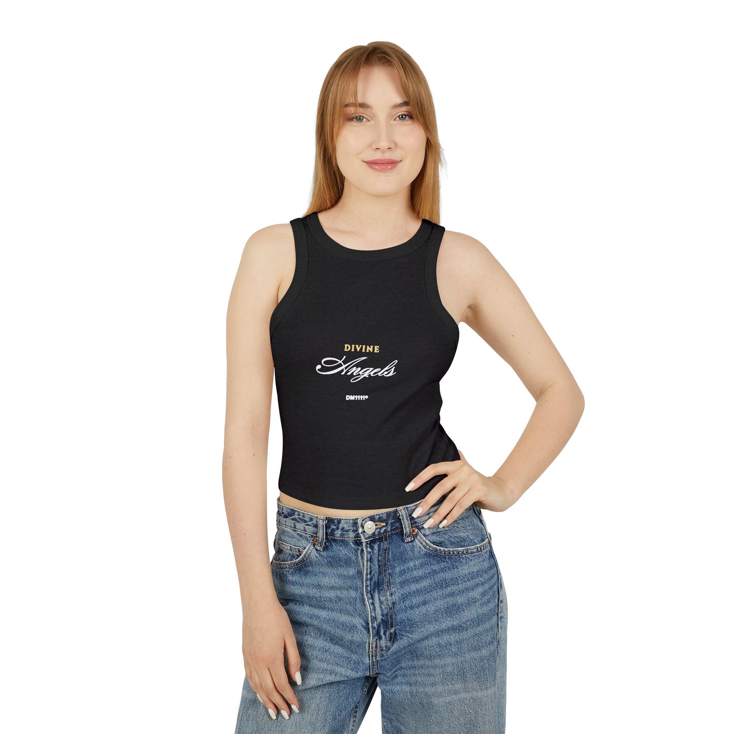 Ribbed Racer Tank — “Divine Angels” Script Cropped Tank Top
