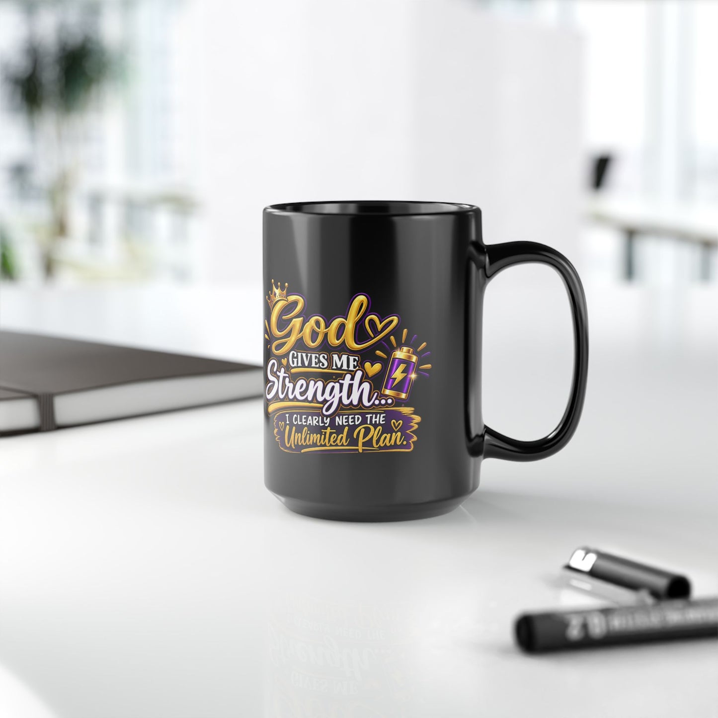 "God Gives Me Strength, DF" Divine Faith mug (Black, 11oz/15oz)