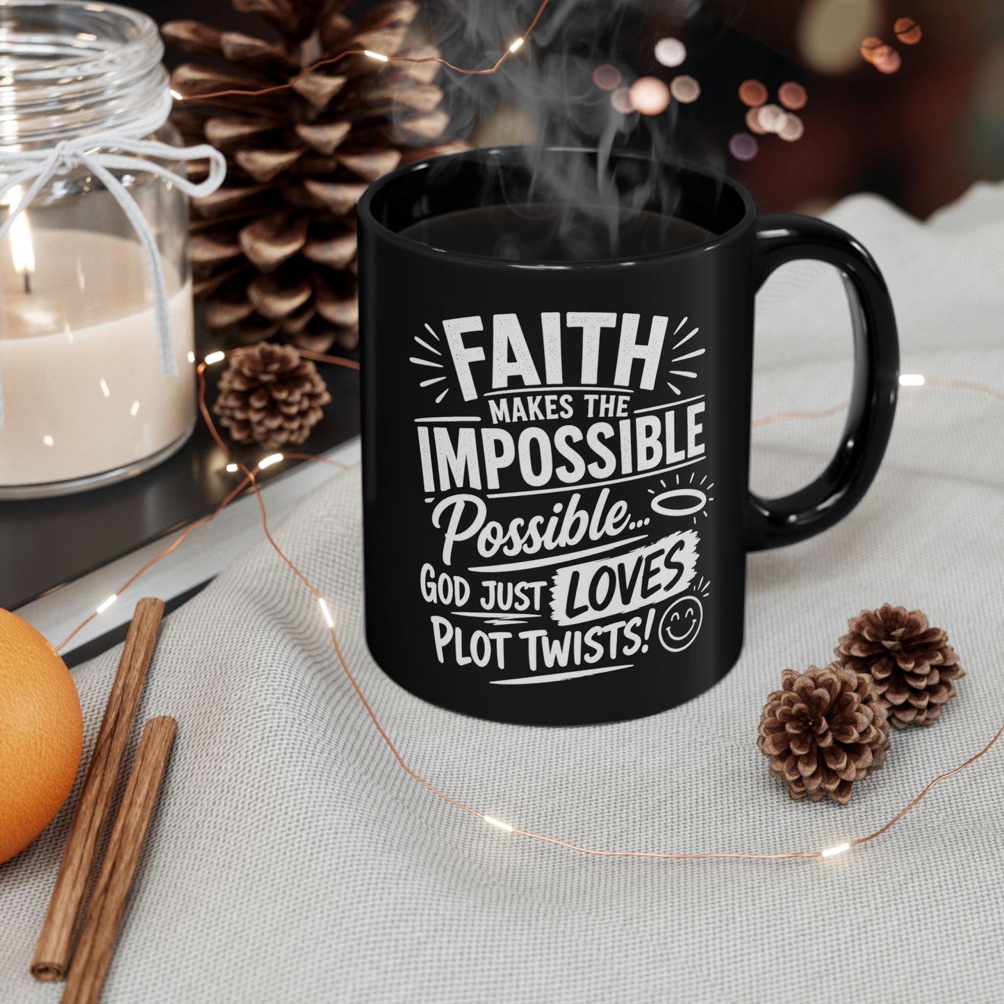 "Faith Makes the Impossible, DF" Divine Faith mug (Black, 11oz/15oz)
