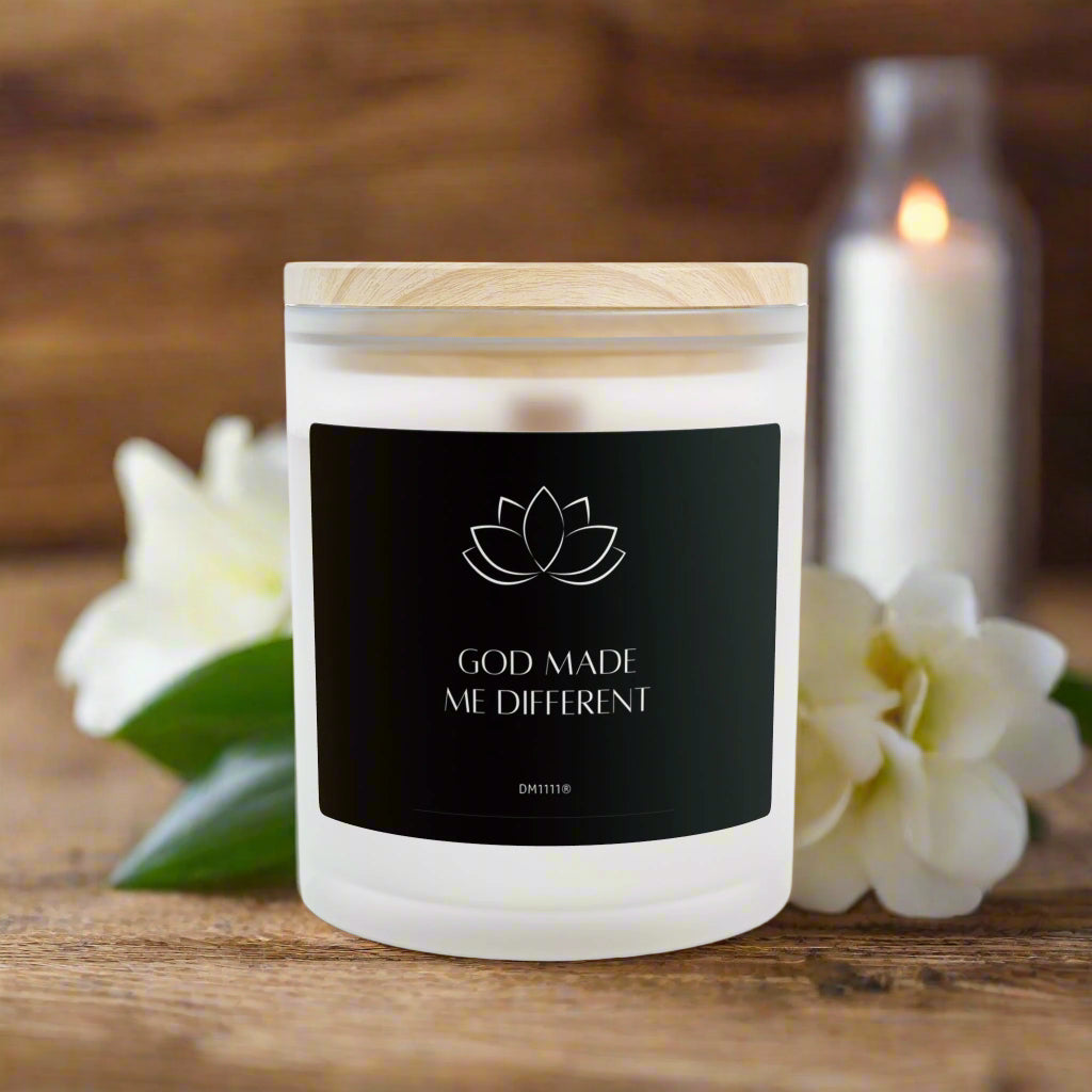 DM1111 "GOD MADE ME DIFFERENT" Frosted Glass Meditation Candle, 11oz
