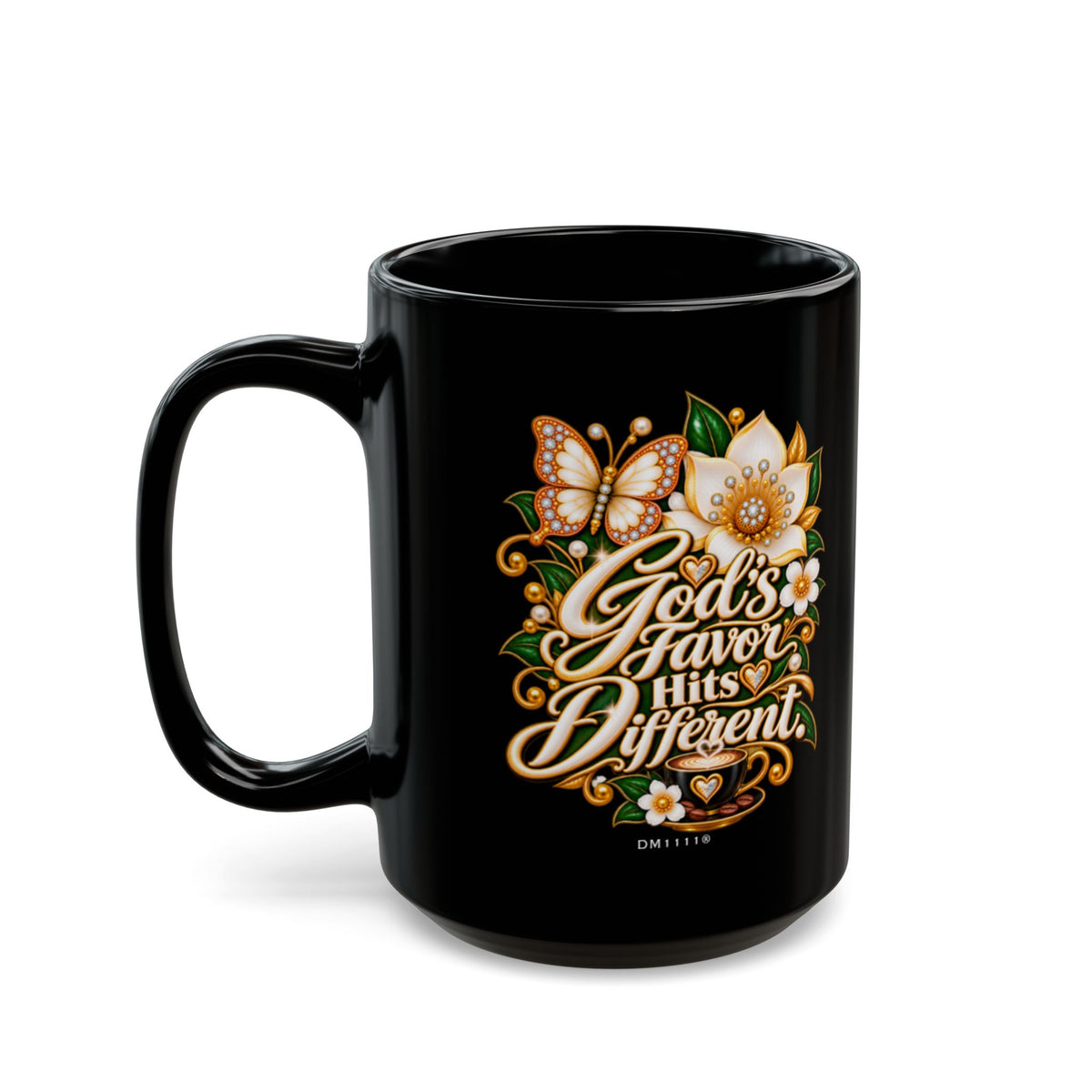 "God's Favor Hits Different." Divine Faith mug (Black, 11oz/15oz)