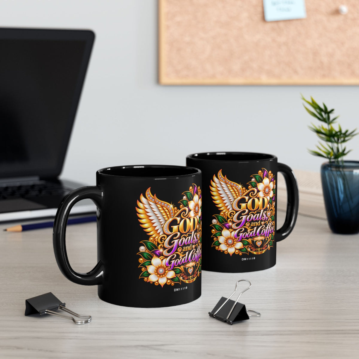 "GOD, Goals, and Good Coffee" Divine Faith mug (Black, 11oz/15oz)