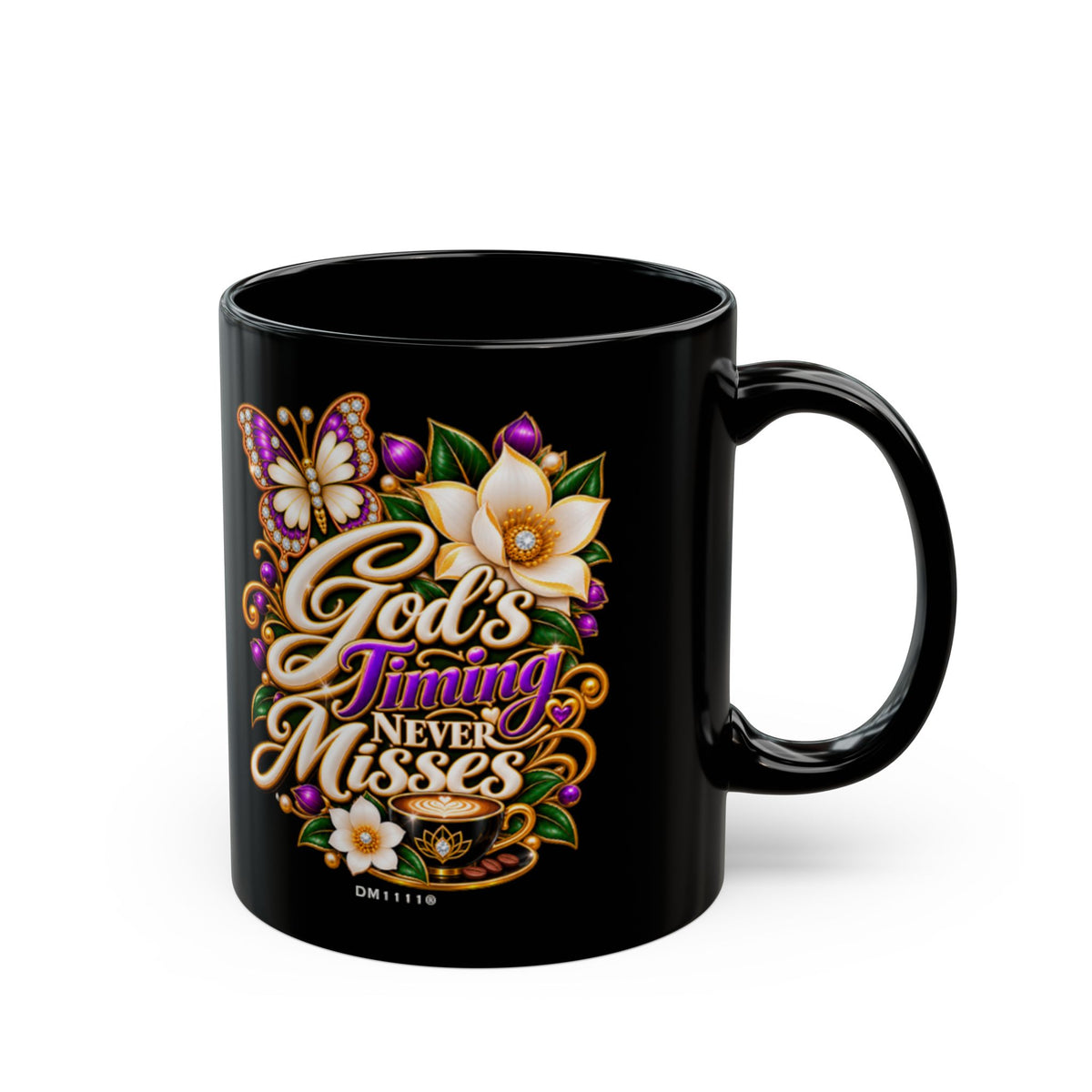 "God's Timing Never Misses" Divine Faith mug (Black, 11oz/15oz)