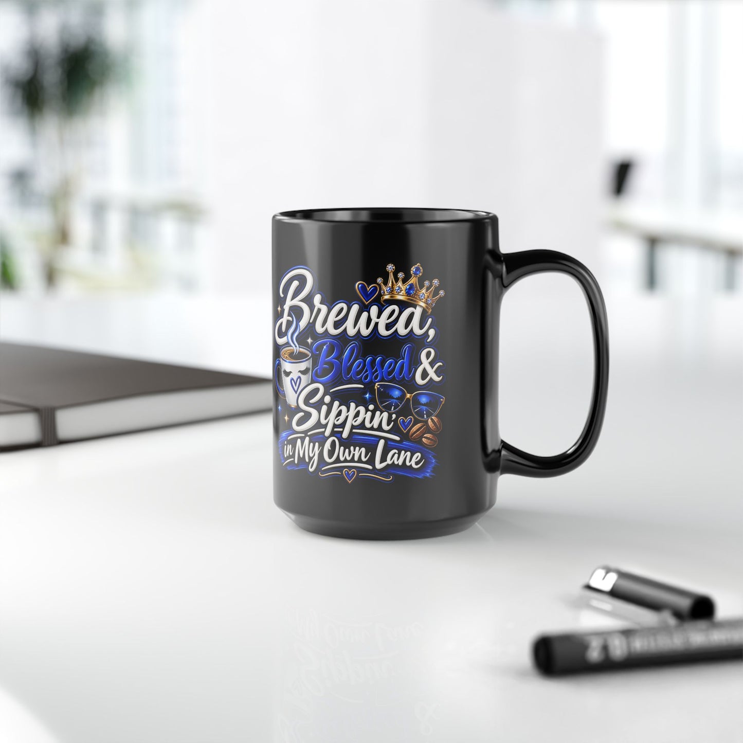 "Brewed, Blessed, and Sippin, DF" Divine Faith mug (Black, 11oz/15oz)