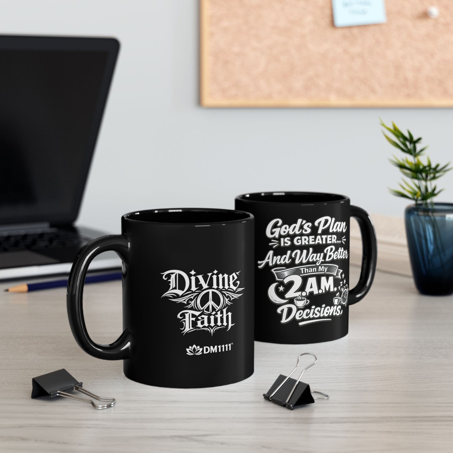 "God's Plan Is Greater, DF" Divine Faith mug (Black, 11oz/15oz)