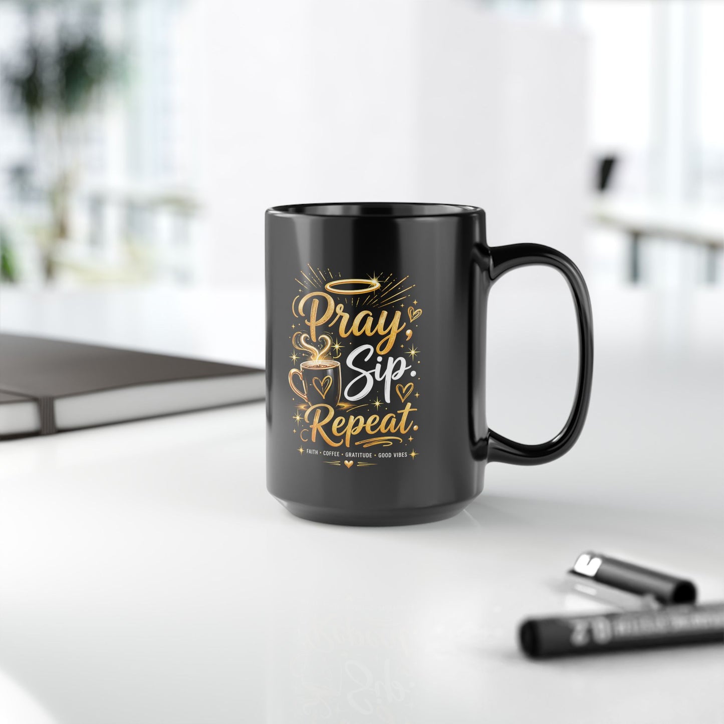 "Pray. Sip. Repeat, DF" Divine Faith mug (Black, 11oz/15oz)