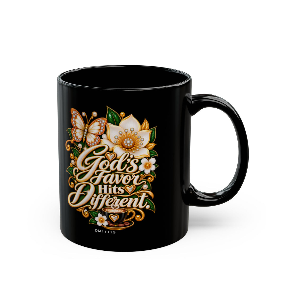 "God's Favor Hits Different." Divine Faith mug (Black, 11oz/15oz)