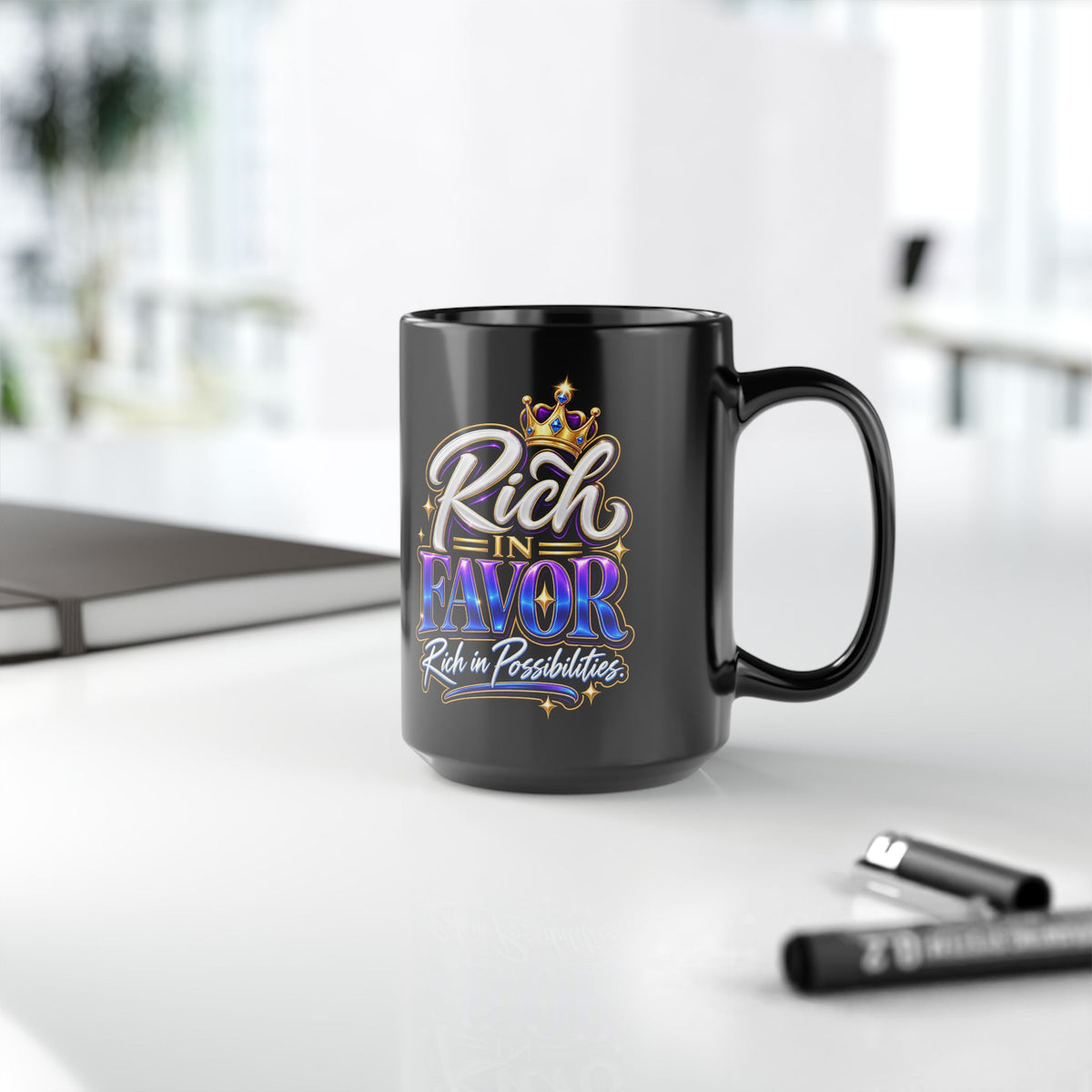 "Rich In Favor, Rich In Possibilities, DF" Divine Faith mug (Black, 11oz/15oz)