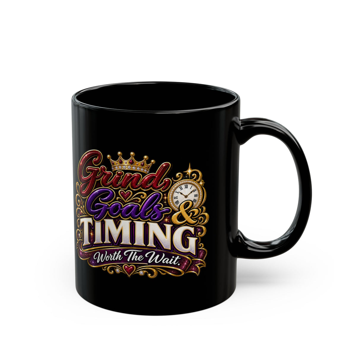 "Grind, Goals, and Timing, DF" Divine Faith mug (Black, 11oz/15oz)