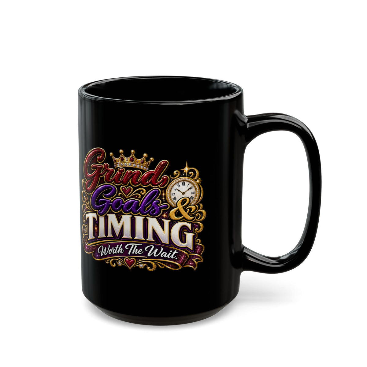 "Grind, Goals, and Timing, DF" Divine Faith mug (Black, 11oz/15oz)