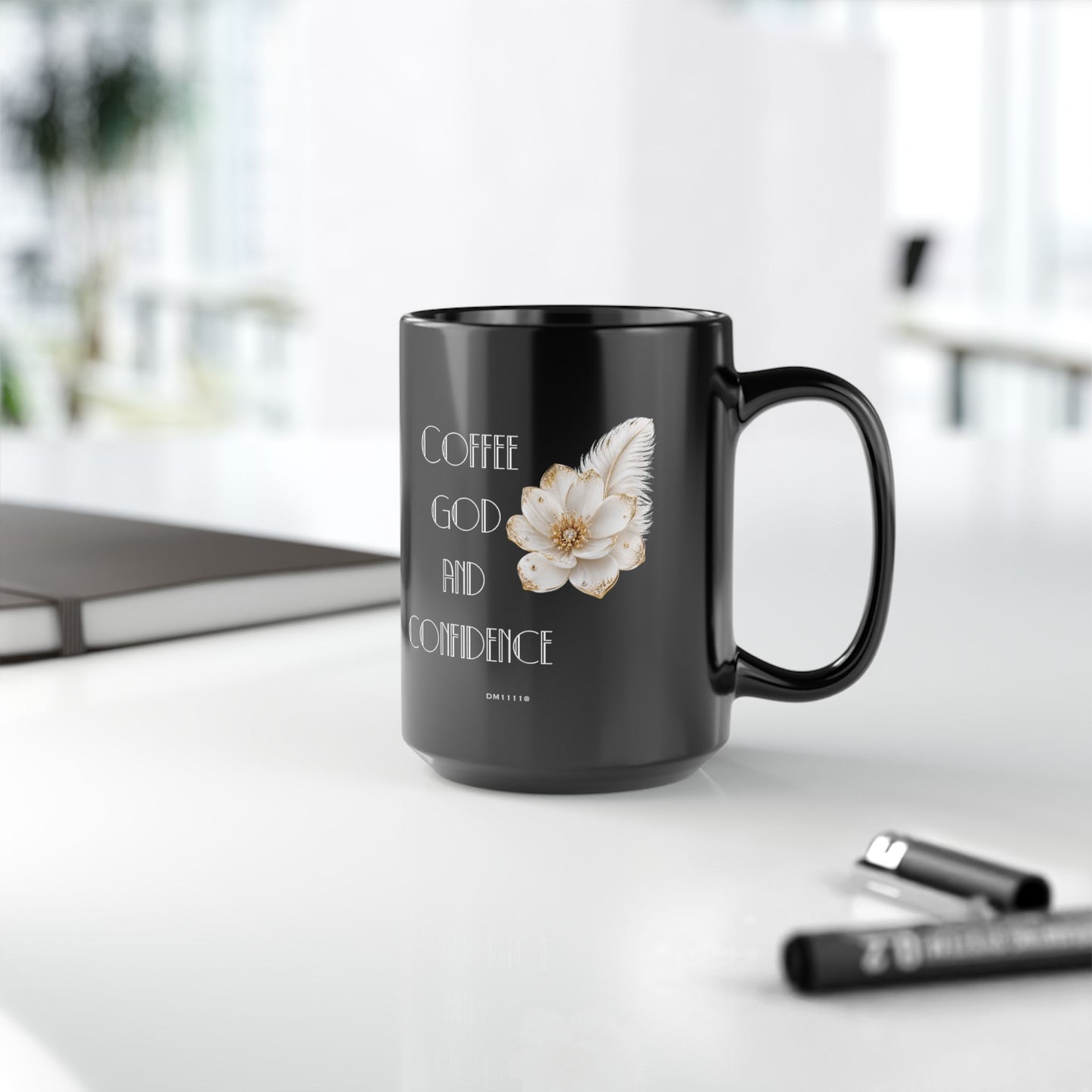 "Coffee, God, and Confidence" Divine Faith mug (Black, 11oz/15oz)