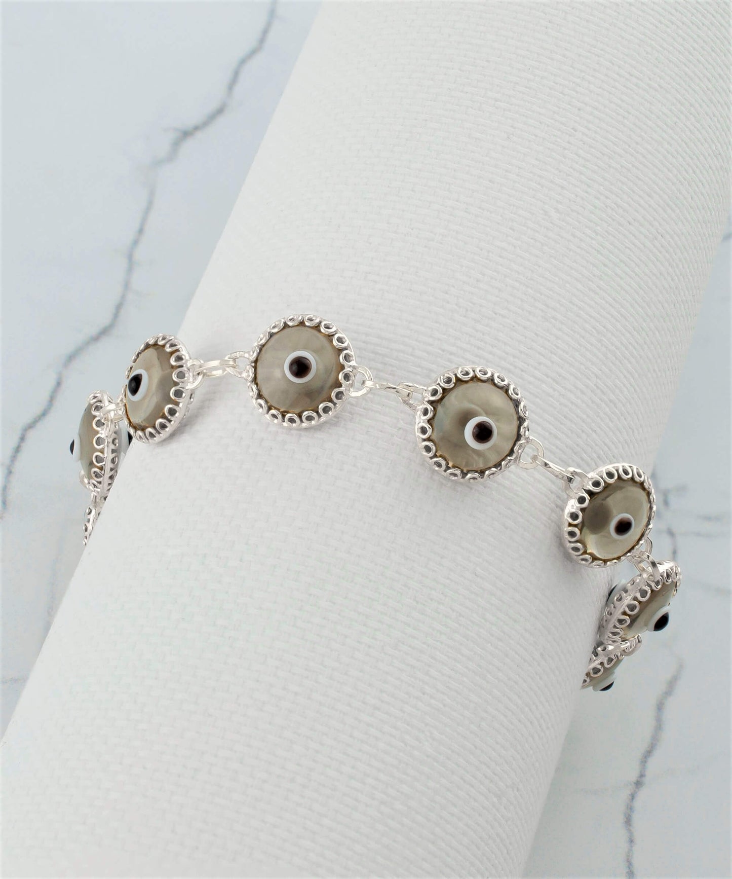 Smokey Evil Eye Woman Sterling Silver Adjustable Link Bracelet