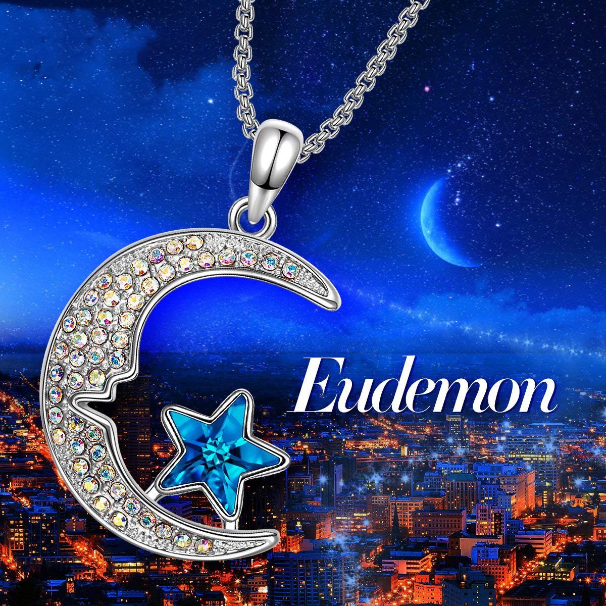 Aurora Borealis Cresent Moon and Star Necklace, ITALY Design
