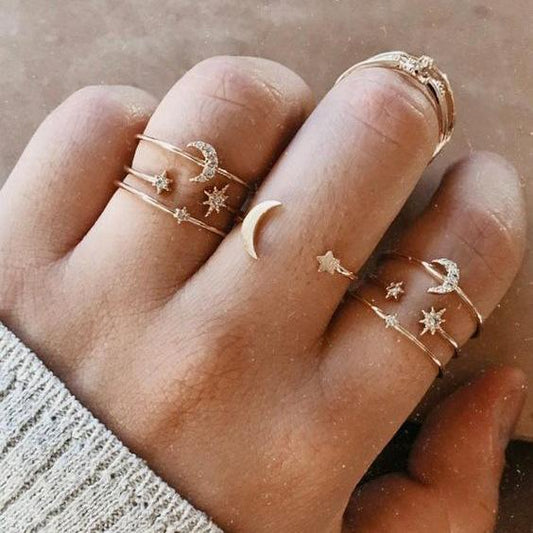 7 Piece Moon & Stars Ring Set with Gemstone Crystals, 18K Gold Plated