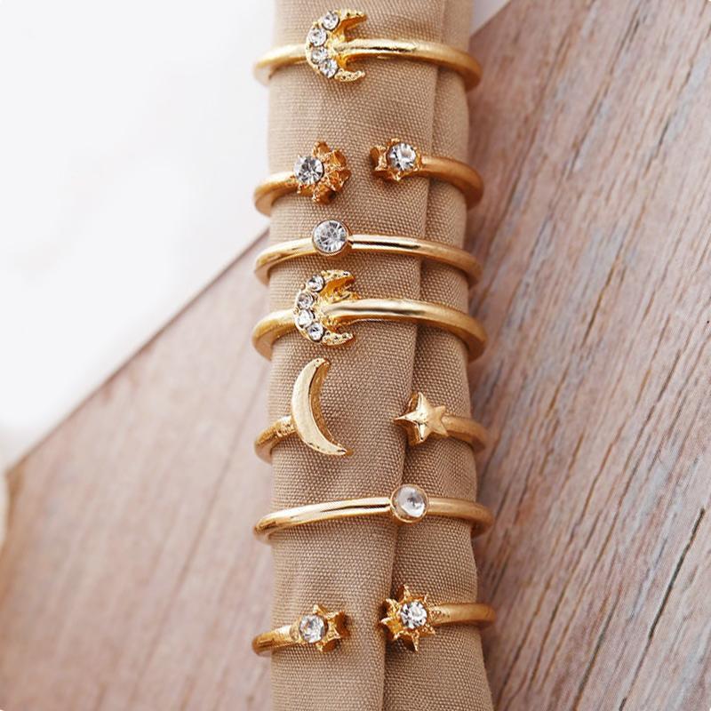7 Piece Moon & Stars Ring Set with Gemstone Crystals, 18K Gold Plated