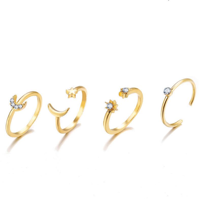 7 Piece Moon & Stars Ring Set with Gemstone Crystals, 18K Gold Plated