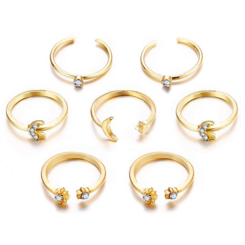 7 Piece Moon & Stars Ring Set with Gemstone Crystals, 18K Gold Plated