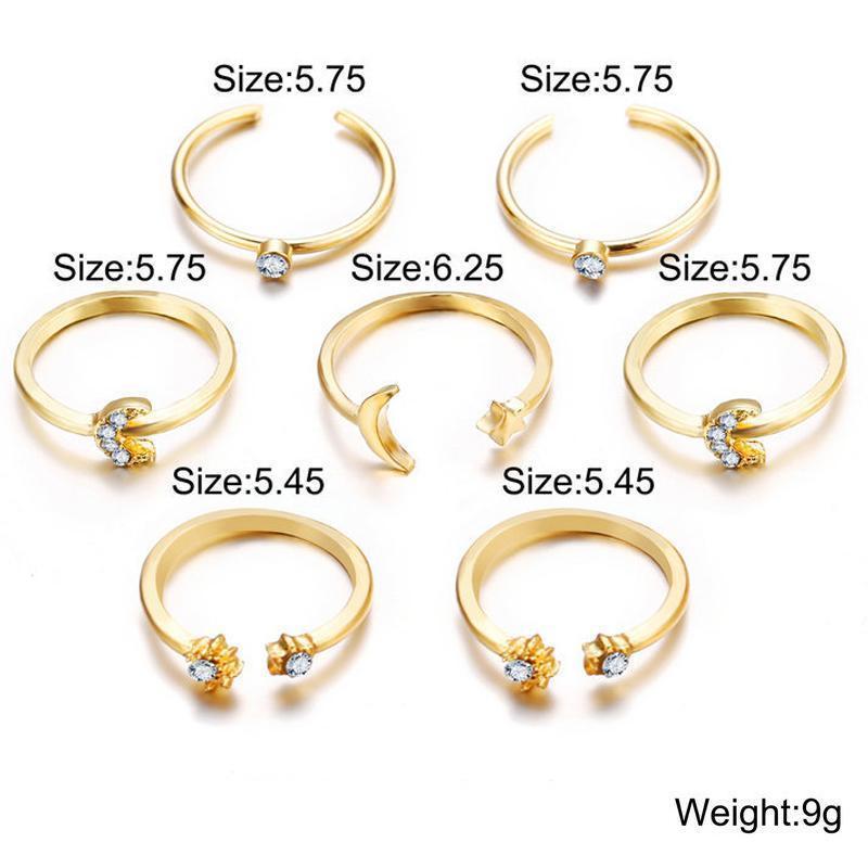 7 Piece Moon & Stars Ring Set with Gemstone Crystals, 18K Gold Plated