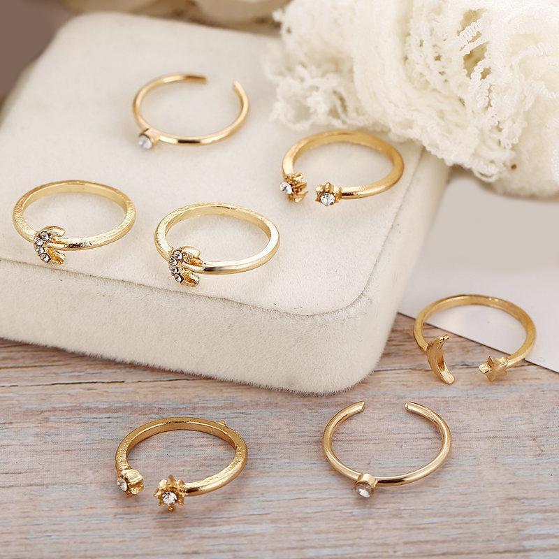 7 Piece Moon & Stars Ring Set with Gemstone Crystals, 18K Gold Plated