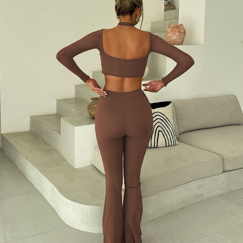 Autumn Long Sleeve Halter Pleated Slim Fit Flared Pants Sports Set